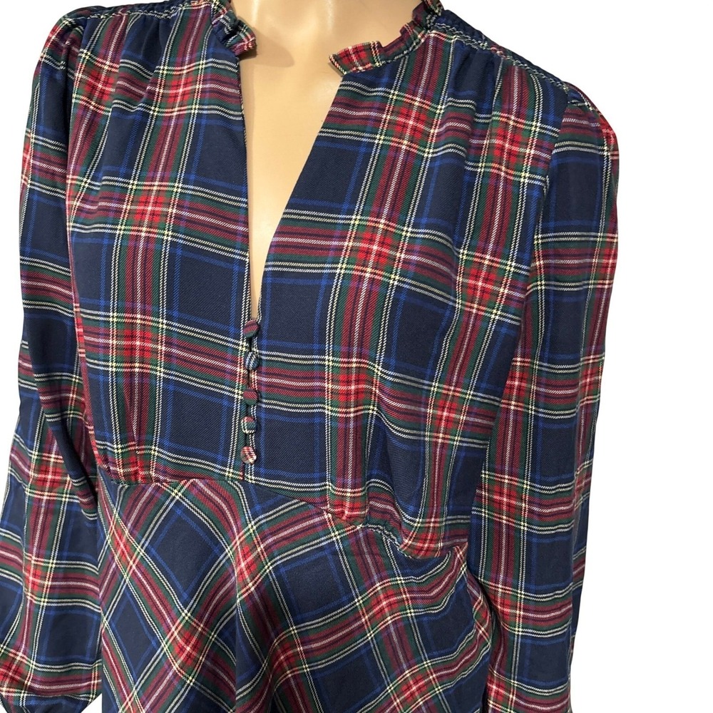 Boden Navy Red Tartan Plaid Ruffle V-Neck Midi Dress Long Sleeve Size 12R - Picture 7 of 12